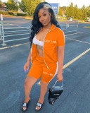 Women's Fashion Letter Embroidery Zipper Sports Two-Piece Shorts Set
