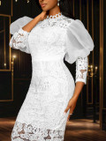 Lace Formal Party Puff-Sleeve Mid-Length Dress