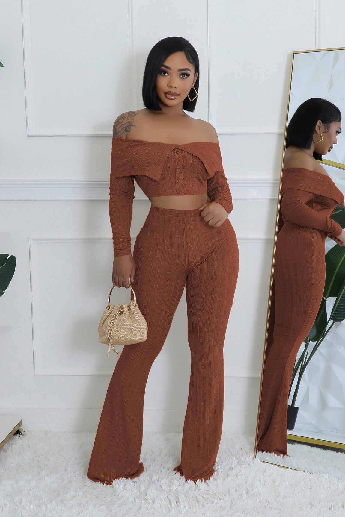 Solid Off-Shoulder Top & Wide Leg Pants Two-Piece Set