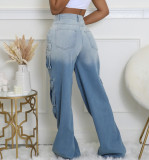 Fashionable Women's Multi-pocket Button Gradient Cargo Straight Trend Denim Trousers