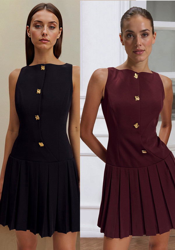 Spring Summer women's solid color sleeveless Slim Waist pleated short dress