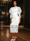 Lace Formal Party Puff-Sleeve Mid-Length Dress