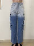 Fashionable Women's Multi-pocket Button Gradient Cargo Straight Trend Denim Trousers