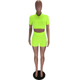 Women's Sports Casual Cropped Top Shorts Solid Color Two-piece Set