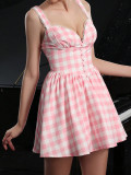 Spring Summer women's fashion sweet plaid sexy Low Back Casual Strap Dress