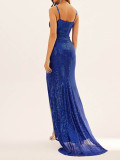Spring and summer sling sequins slit trailing evening dress Formal Party sexy suspender dress