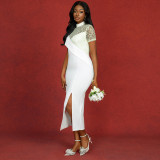 Round-Neck See-Through Lace Short-Sleeve formal Party Wedding & Bridesmaid Slit Dress