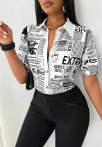 summer fashion newspaper print single-breasted v-neck women shirt summer fashion newspaper print single-breasted v-neck women shirt