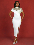 Round-Neck See-Through Lace Short-Sleeve formal Party Wedding & Bridesmaid Slit Dress