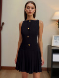 Spring Summer women's  solid color sleeveless Slim Waist pleated short dress