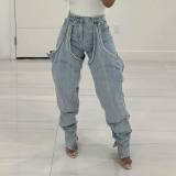 Fashion Irregular Hollow Patchwork Zipper Elastic Denim Jeans