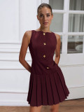 Spring Summer women's  solid color sleeveless Slim Waist pleated short dress