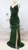 V-Neck Shiny Slit Evening Dress
