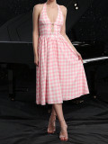 Summer women's retro Halter Neck plaid print swing dress