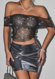 Women's mesh sexy Off Shoulder rhinestone Crop top