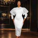 Lace Formal Party Puff-Sleeve Mid-Length Dress