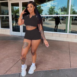 Women's Sports Casual Cropped Top Shorts Solid Color Two-piece Set