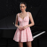 Spring Summer women's fashion sweet plaid sexy Low Back Casual Strap Dress