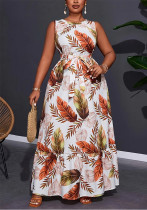 Plus Size women's Round Neck sleeveless floral print belt high waist long dress Plus Size women's Round Neck sleeveless floral print belt high waist long dress