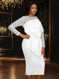 Long-Sleeved Lace Wedding Bow Party Dress