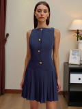 Spring Summer women's  solid color sleeveless Slim Waist pleated short dress