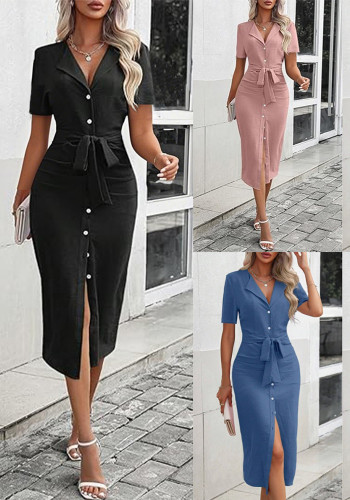 women summer solid color v-neck Slim Waist lace split dress