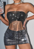 Women's sexy sparkling diamond elastic fishnet Strapless hollow vest tops