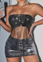 Women's sexy sparkling diamond elastic fishnet Strapless hollow vest tops Women's sexy sparkling diamond elastic fishnet Strapless hollow vest tops