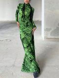 Women's Autumn Fashion Mesh Print See-Through High Neck Slim Fit Dress
