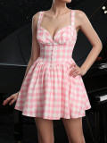 Spring Summer women's fashion sweet plaid sexy Low Back Casual Strap Dress