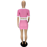 Women's Summer Houndstooth Short Sleeve Top Tight Fitting Shorts Set