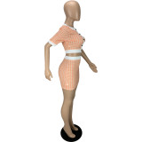 Women's Summer Houndstooth Short Sleeve Top Tight Fitting Shorts Set