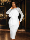 Long-Sleeved Lace Wedding Bow Party Dress