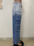 Fashionable Women's Multi-pocket Button Gradient Cargo Straight Trend Denim Trousers