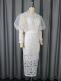 Lace Formal Party Puff-Sleeve Mid-Length Dress
