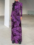 Women's Autumn Fashion Mesh Print See-Through High Neck Slim Fit Dress