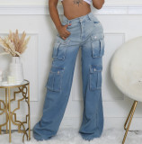 Fashionable Women's Multi-pocket Button Gradient Cargo Straight Trend Denim Trousers