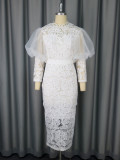 Lace Formal Party Puff-Sleeve Mid-Length Dress