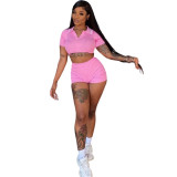 Women's Sports Casual Cropped Top Shorts Solid Color Two-piece Set