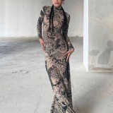 Women's Autumn Fashion Mesh Print See-Through High Neck Slim Fit Dress