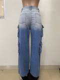 Fashionable Women's Multi-pocket Button Gradient Cargo Straight Trend Denim Trousers