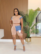 Women's Casual Denim Patchwork Short Sleeve Top Shorts Two-piece Set