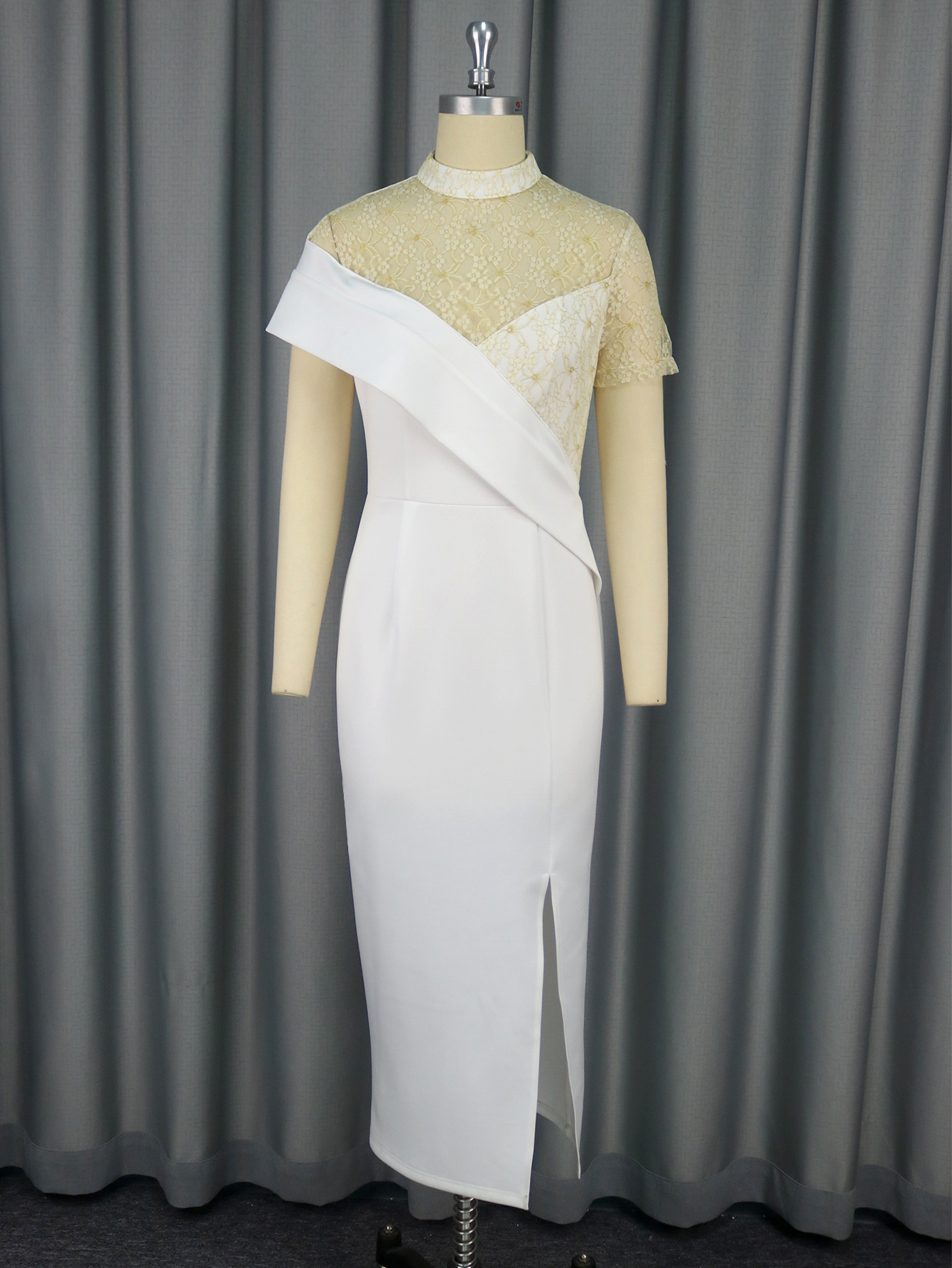 Round-Neck See-Through Lace Short-Sleeve formal Party Wedding & Bridesmaid Slit Dress