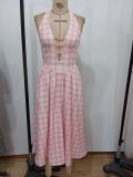 Summer women's retro Halter Neck plaid print swing dress