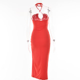spring and summer women's Halter Neck Plunging high split Low Back Lace-Up long dress