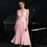 Summer women's retro Halter Neck plaid print swing dress