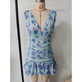 Spring and summer women's sexy mesh print Beach Holidays Bodycon dress