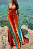 Summer women's sexy straps low-cut Low Back beach gradient dress