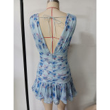 Spring and summer women's sexy mesh print Beach Holidays Bodycon dress