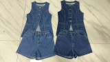 Spring Summer fashion sleeveless Slim Waist high waist loose Denim Shorts set